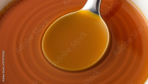 A close-up of ripples forming in a cup of tea as a spoon stirs gently, creating concentric patterns on the liquid surface photo