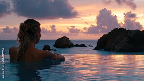 Sunset hues paint the sky as a woman relaxes in a cliffside infinity pool with ocean views photo