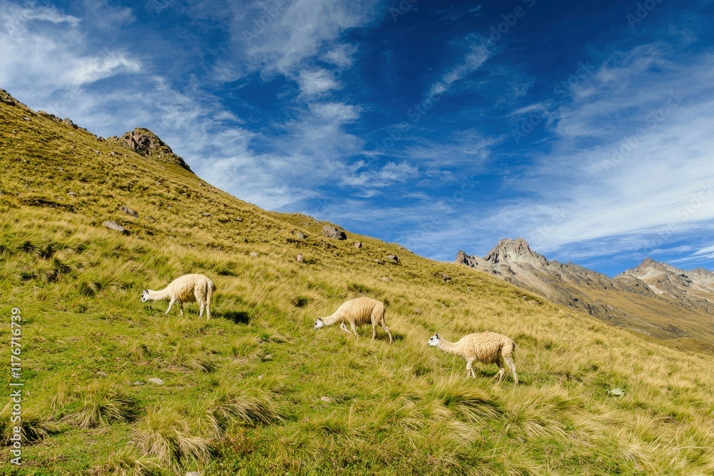 Naklejka premium A family of vicuas grazing peacefully in the high-altitude grasslands of the Andes.