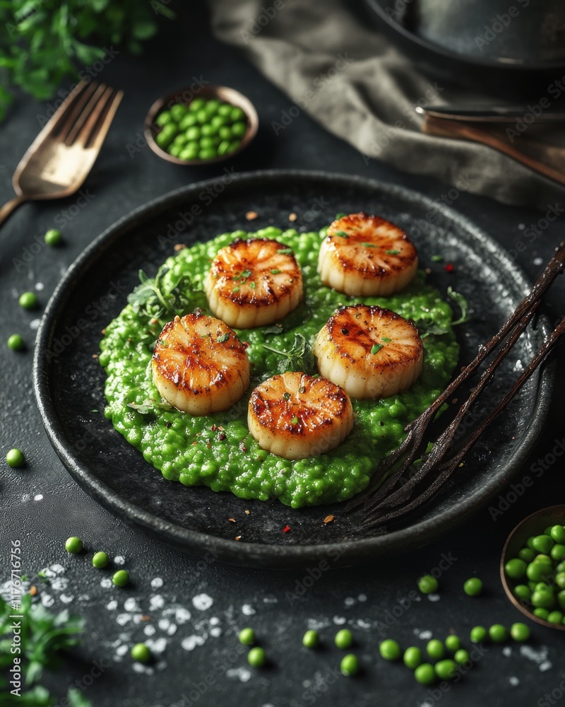 Grilled scallops on a bed of vibrant green pea puree, garnished with fresh herbs. Grilled scallops on a bed of vibrant green pea puree, garnished with fresh herbs.