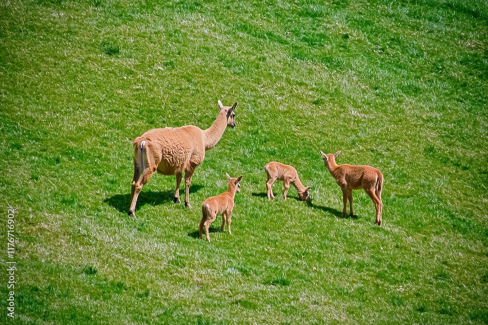 A family of vicuas grazing peacefully in the high-altitude grasslands of the Andes. A family of vicuas grazing peacefully in the high-altitude grasslands of the Andes.