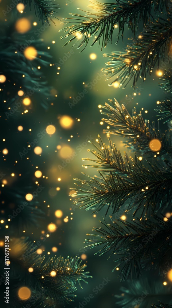 Blurred glowing bokeh lights softly illuminating lush green pine branches creating a cozy and festive holiday ambiance style book illustration Blurred glowing bokeh lights softly illuminating lush green pine branches creating a cozy and festive holiday ambiance style book illustration
