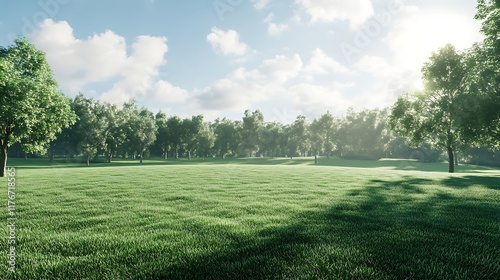 Background texture of clean and wellmaintained grass lawn with a variety of trees in the background against beautiful sky Vacant ground or empty unpowered campsite in a park Copy space photo