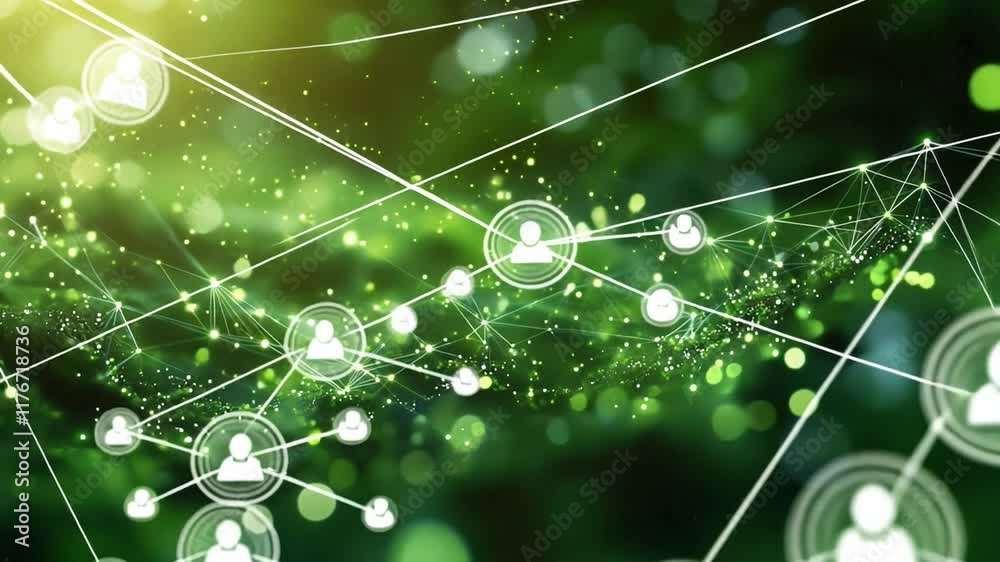 Green Network: A vibrant green background with a complex network of interconnected circles, each symbolizing a person. This abstract image represents the power of connection, collaboration.