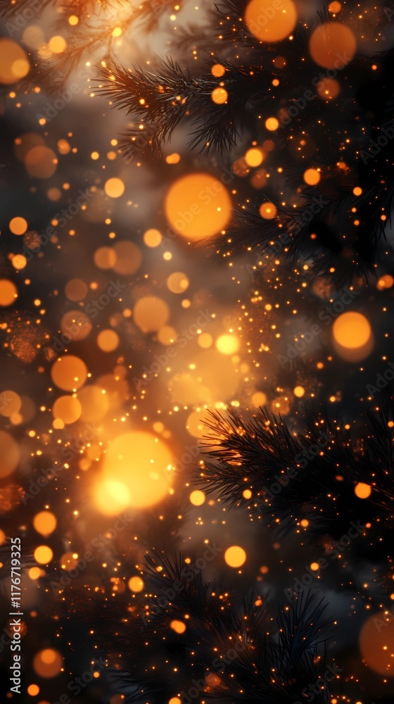 Obraz premium Cozy pine branches with blurred bokeh lights, perfect holiday background.