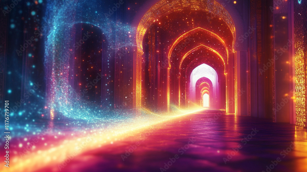 A radiant visual celebrating the divine significance of Isra and Miraj, with dynamic light trails and luminous arches A radiant visual celebrating the divine significance of Isra and Miraj, with dynamic light trails and luminous arches