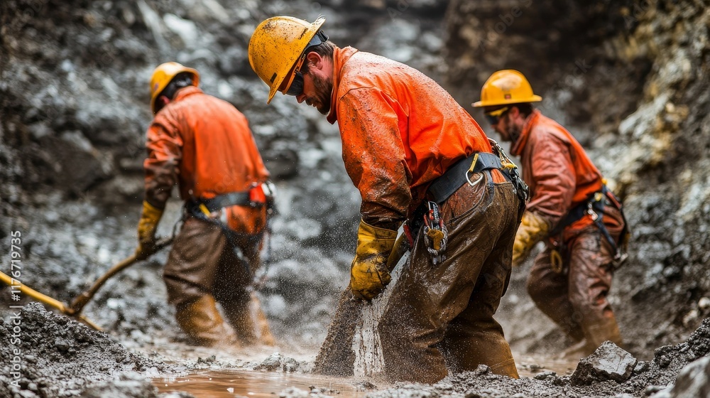 Obraz premium Muddy workers dig, orange suits, hard hats.