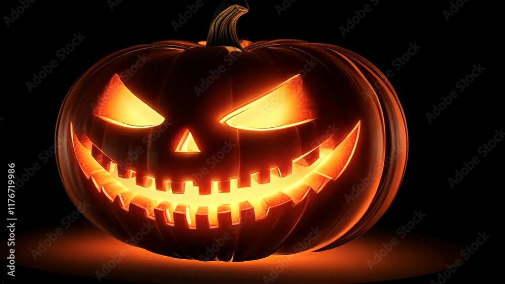 Pumpkin with a scary face on it. The pumpkin is orange and has a smile on it