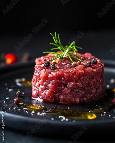 A vibrant raw beef tartare topped with peppercorns and rosemary, presented on a sleek black plate.