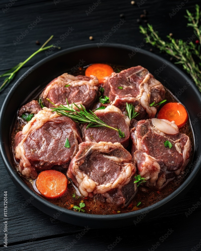 A close-up of raw beef oxtails marinated with carrots and herbs, ready for cooking. A close-up of raw beef oxtails marinated with carrots and herbs, ready for cooking.