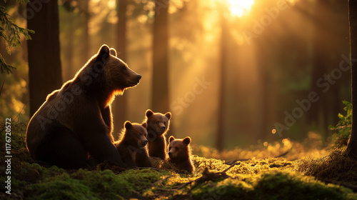 A mother bear with her cubs relaxes in soft moss.