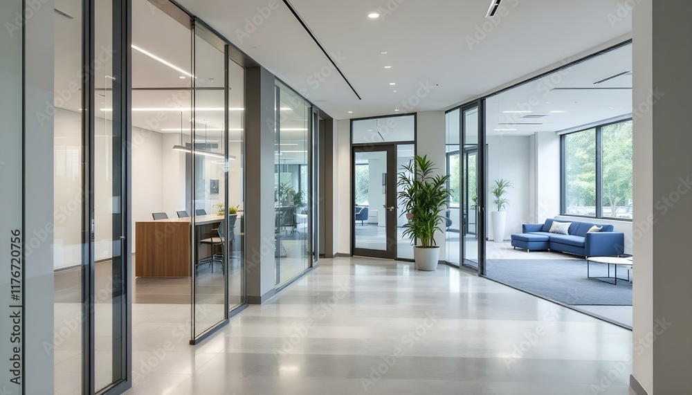 A modern and contemporary office corridor features a spacious interior with a blue sofa, large window, and adjacent meeting room space, generated with ai A modern and contemporary office corridor features a spacious interior with a blue sofa, large window, and adjacent meeting room space, generated with ai