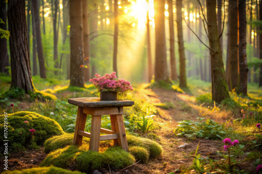 Naklejka premium weathered wooden stool surrounded by vibrant flowers in sunlit forest