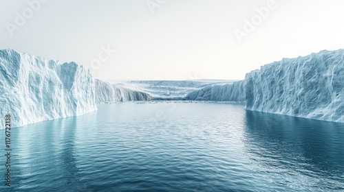 A stark, icy glacier with jagged edges meeting a calm, icy-blue fjord. Overhead, the sky is pale and bright, giving the scene a sense of cold isolation and grandeur.  photo