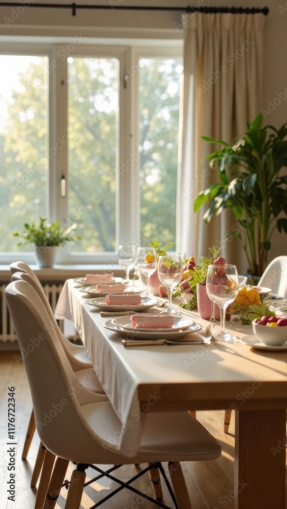 Fototapeta premium Easter table setting decorated with pink and white eggs and roses bouquets