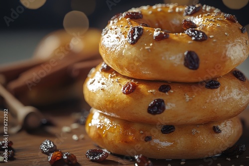 Three deliciously glazed bagels stacked, sprinkled with raisins and glistening in soft light. photo