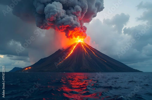 Epic volcanic eruption on a deserted island in the ocean,fiery rivers of lava flowing into the ocean waters,huge clouds of volcanic ash high in the sky,natural phenomenon,view of a volcano