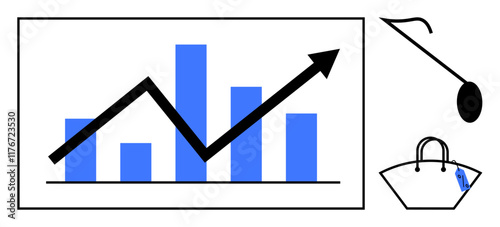 Bar chart with an upward trend line, blue bars, magnifying glass, handbag with price tag. Ideal for retail analysis, market trends, sales growth, shopping habits, profitability business strategies