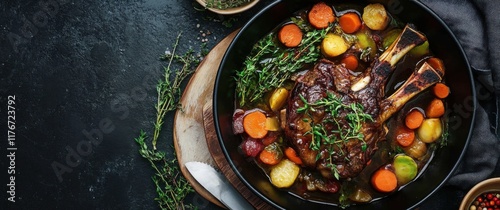 Braised lamb shank with herbs and vegetables photo