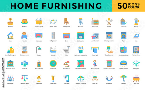 Home Furnishing icons set with pet bed, pet bowl, kitchen island, dining table, dining chair, bar stool, wine rack, cutlery, cookware, blender icon. Simple flat color vector 
