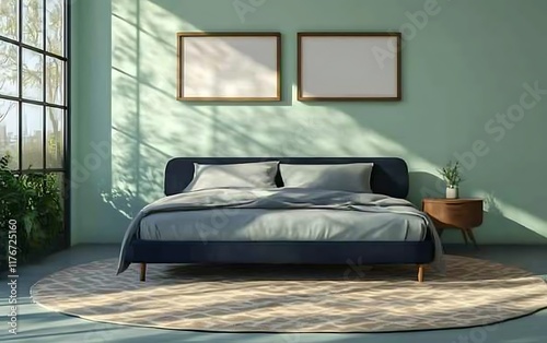 Modern bedroom interior with blank frames, sunlight, and plants. (1)