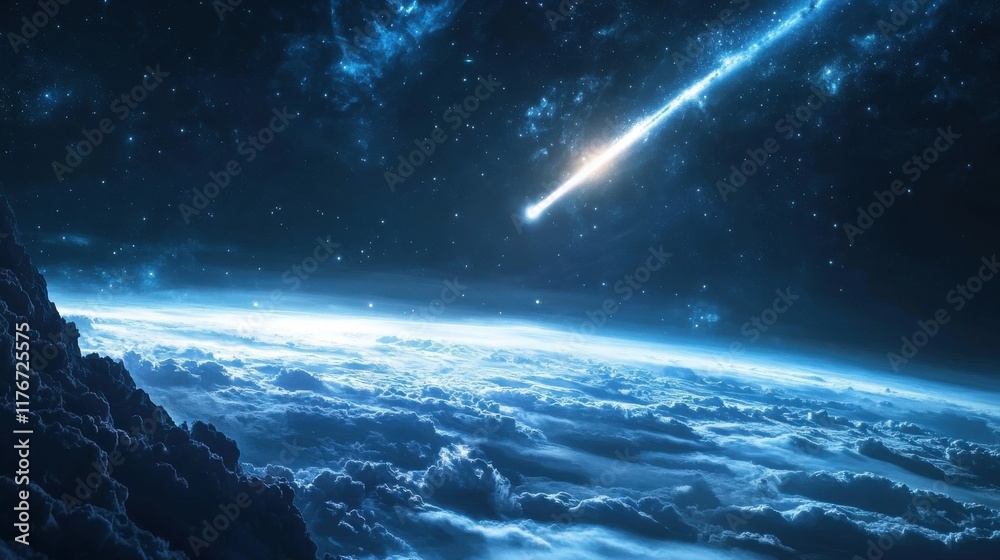 Fototapeta premium A stunning view of a comet streaking through a starry sky above swirling clouds.