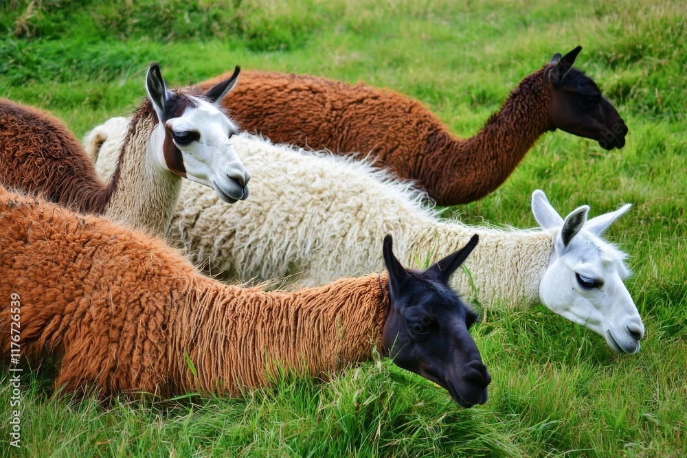 A group of llama grazing peacefully in the high-altitude grasslands of the Andes. A group of llama grazing peacefully in the high-altitude grasslands of the Andes.