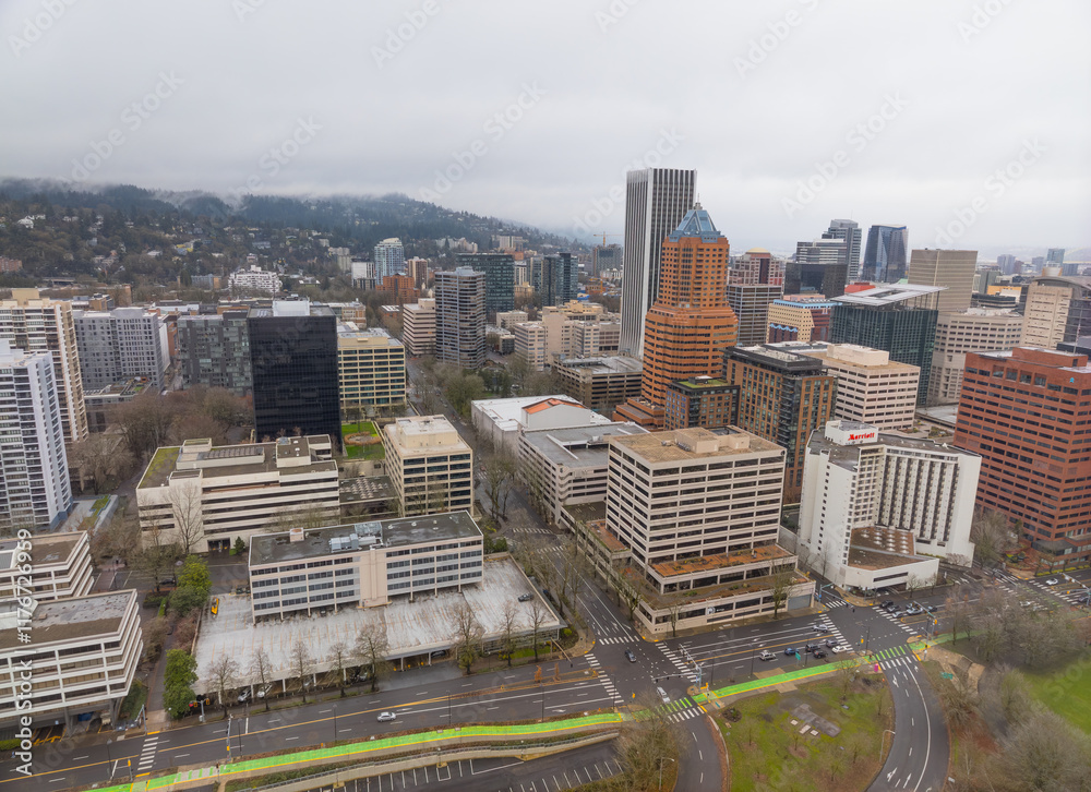 A city view with a lot of buildings and a green area