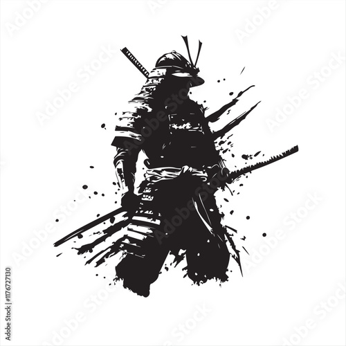 Black and White Samurai with Spirit - Vector Illustration