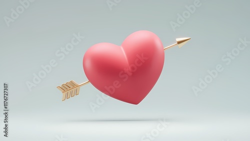 A 3D render of a minimalist Valentine's Day wallpaper. There's a large red heart with a small golden arrow pointing towards the center. The heart is floating in the air above a light gray background. 