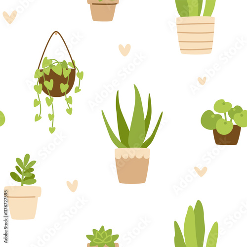 Cozy pattern with potted plants. Seamless vector doodle floral print with flowerpots.