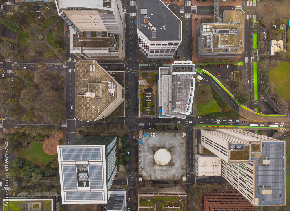 A city view from above with tall buildings and a green park