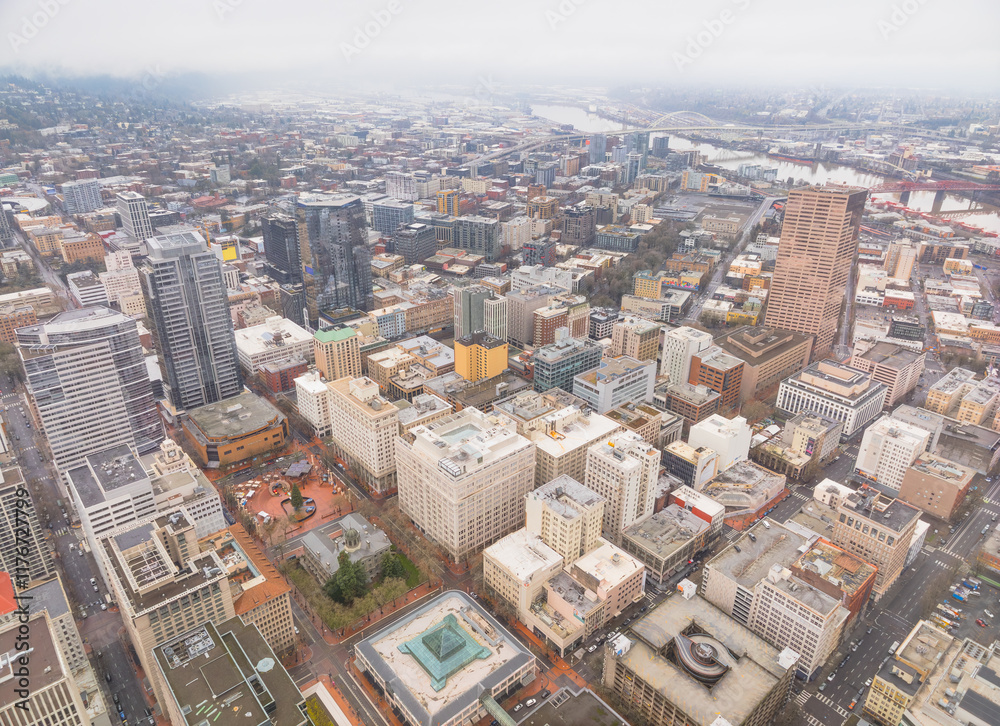 Fototapeta premium A city view from above with a cloudy sky