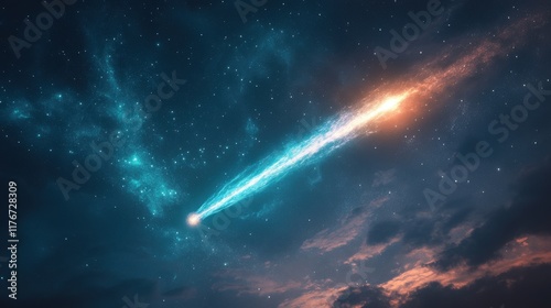 A vibrant cosmic scene showcasing a comet streaking through a starry sky, blending fiery orange and cool blue hues.