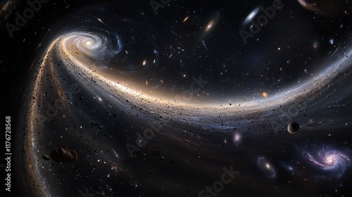 A stunning cosmic vista showcasing a swirling galaxy filled with stars and celestial bodies. photo