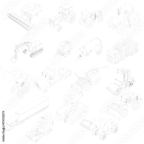 Collection of different types of vehicles, including trucks and tractors. The vehicles are all drawn in black and white. Isometric view. 3D. Vector illustration