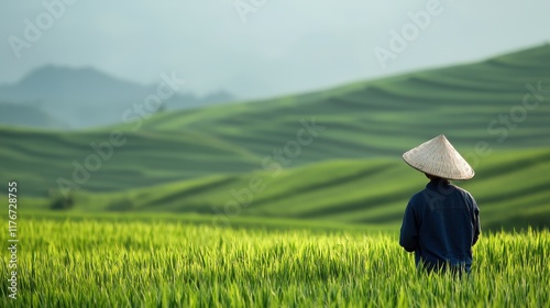 Regenerative agriculture practices by a farmer in lush rice fields scenic landscape tranquil environment nature's harmony