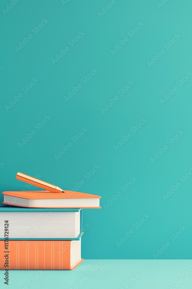 Fototapeta premium A stack of colorful books rests against a vibrant turquoise wall, with one book slightly open, creating a cheerful and inviting study atmosphere.