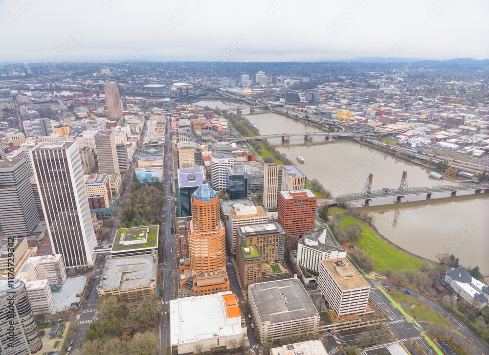 A city view from above with a river running through it