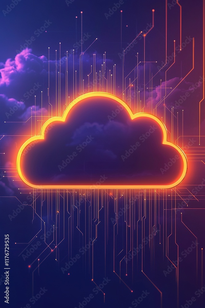 A glowing cloud symbol with digital lines and a purple background, representing cloud computing and technology. A glowing cloud symbol with digital lines and a purple background, representing cloud computing and technology.