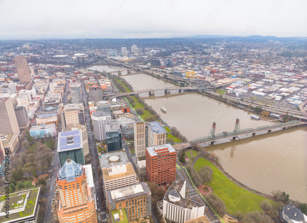 A city view from above with a river running through it