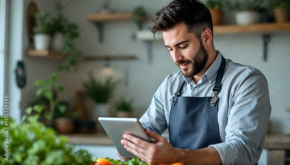 Young man with tablet cooking salad at table in kitchen. Health care concept Young man with tablet cooking salad at table in kitchen. Health care concept