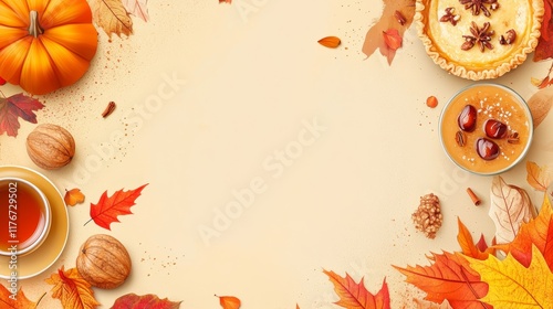 Cozy autumn food banner with pumpkin pie, roasted chestnuts, and falling leaves