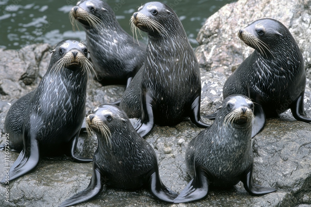 A group of South American fur seals basking on rocks along the Pacific coastline. A group of South American fur seals basking on rocks along the Pacific coastline.