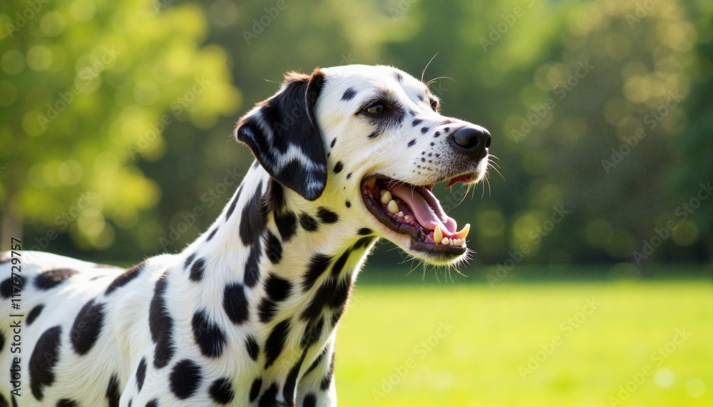 Dalmatian barking playfully in sunny park, joyful expression Dalmatian barking playfully in sunny park, joyful expression
