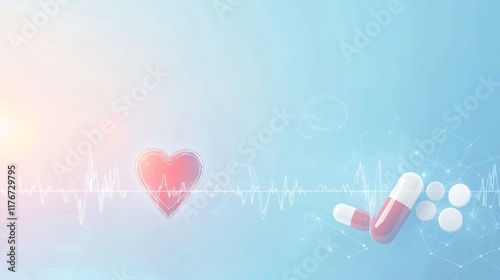 Healthcare banner design featuring heart rate, pill graphic, and text space