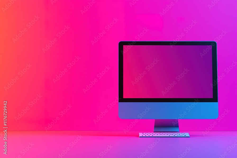 A sleek computer monitor against a vibrant pink and blue gradient background, showcasing modern technology and digital aesthetics. A sleek computer monitor against a vibrant pink and blue gradient background, showcasing modern technology and digital aesthetics.