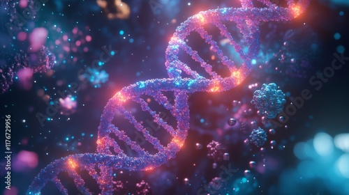 Abstract molecular structures surrounding a glowing neon DNA helix