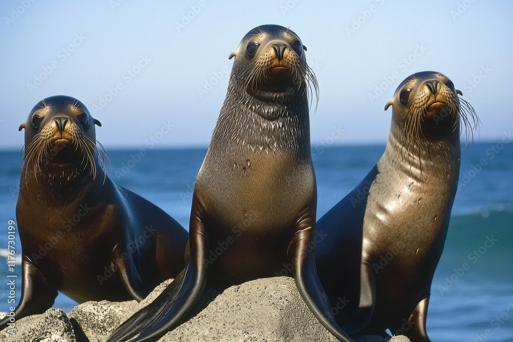 Naklejka premium A group of South American fur seals basking on rocks along the Pacific coastline.