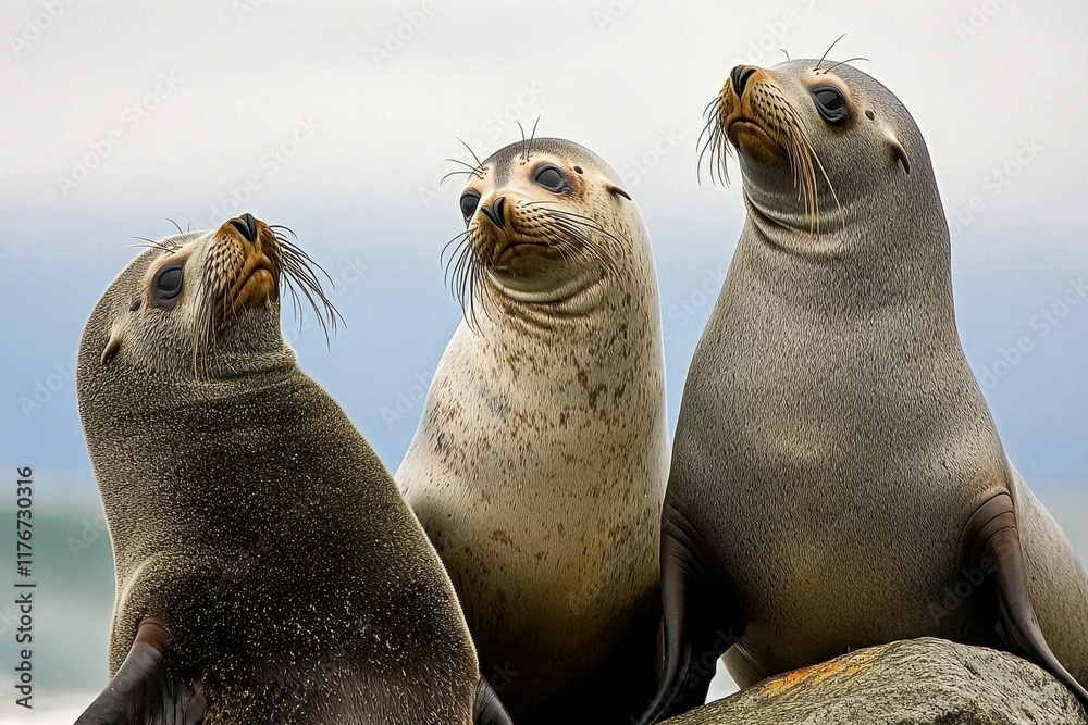 Fototapeta premium A group of South American fur seals basking on rocks along the Pacific coastline.